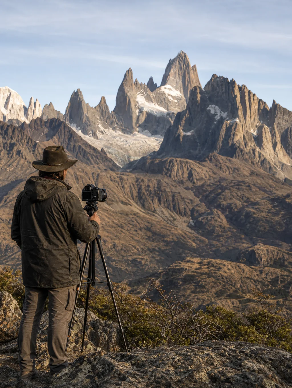 Photographer setting up tripod in Patagonian wilderness