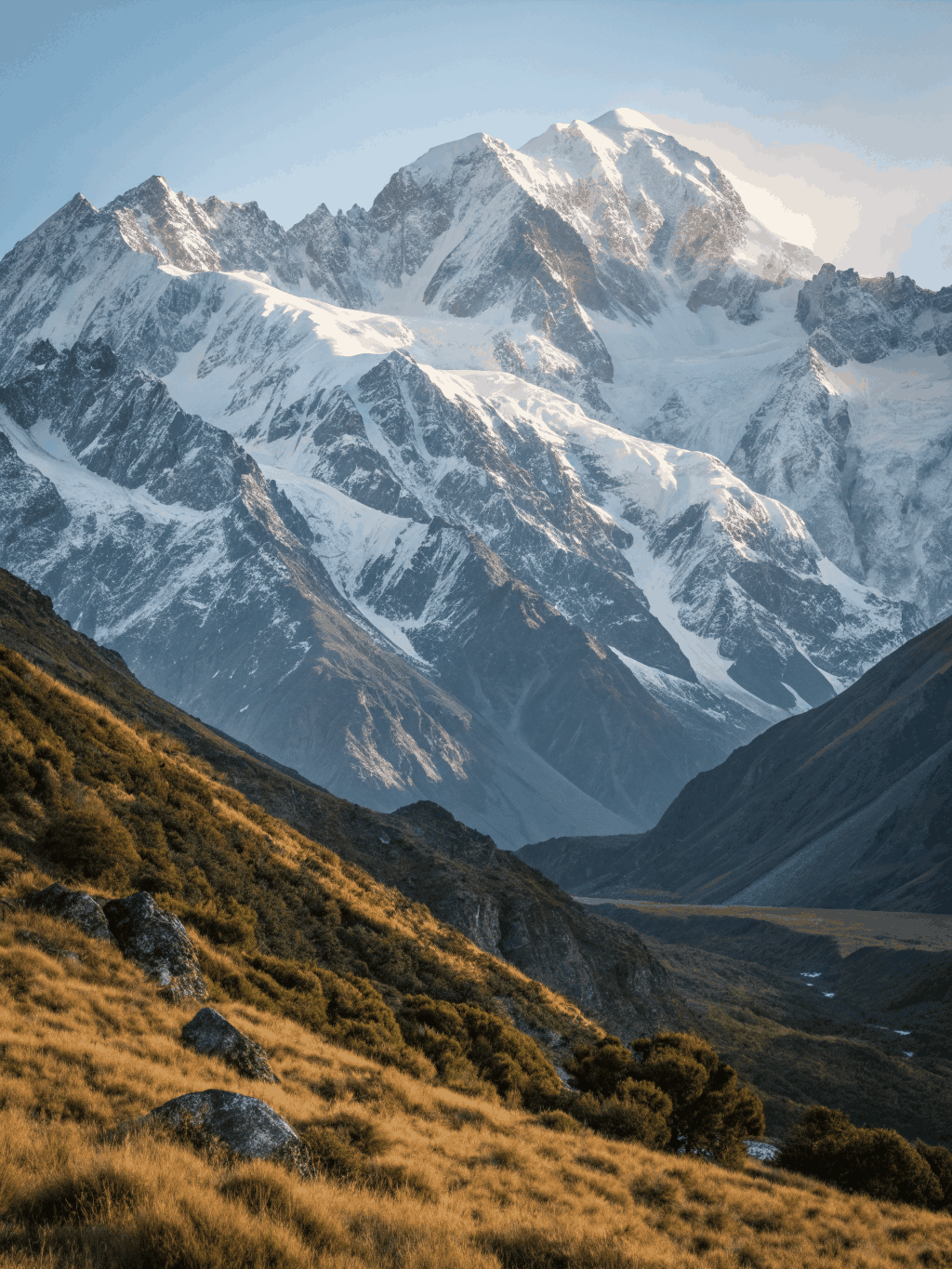 Snow-covered peaks and glacial ridges of Mount Cook