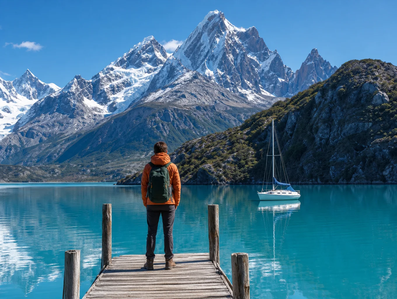 Turquoise glacial lagoon with towering granite peaks